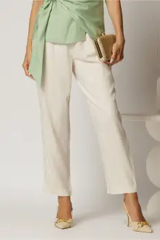 Pantaloni dama bej de vara din bumbac si viscoza imagine