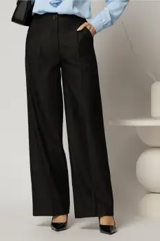 Pantaloni dama negri casual office cu croi larg si pliuri din talie imagine