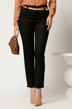 Pantaloni din stofa office negri cu dungi si curea in talie imagine