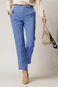 Pantaloni DY Fashion albastri conici din stofa cu nasturi imbracati imagine