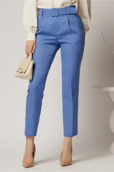 Pantaloni DY Fashion albastri cu croi conic si curea in talie imagine