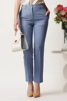 Pantaloni DY Fashion albastri din stofa conici cu dunga si buzunare imagine