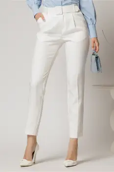 Pantaloni DY Fashion albi cu croi conic si curea in talie imagine