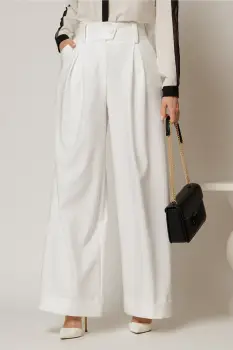 Pantaloni DY Fashion albi cu croi lejer si talie lata imagine
