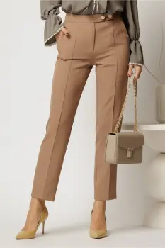 Pantaloni DY Fashion bej conici din stofa cu nasturi eleganti imagine