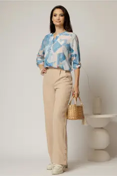 Pantaloni DY Fashion bej croi drept cu nasturi decorativi la tiv imagine