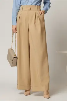 Pantaloni DY Fashion bej cu croi lejer si talie lata imagine