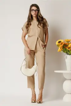 Pantaloni DY Fashion bej din material vaporos cu elastic in talie si buzunare imagine