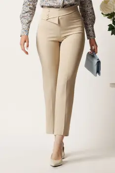 Pantaloni DY Fashion bej din stofa conici cu talie inalta si betelie petrecuta imagine
