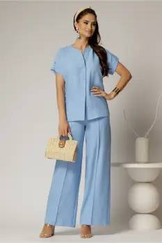 Pantaloni DY Fashion bleu cu croi lejer din material vaporos imagine
