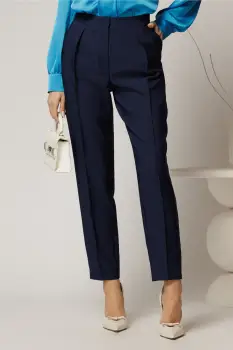 Pantaloni DY Fashion bleumarin cu pliu din talie si buzunare imagine