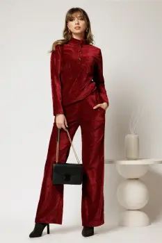 Pantaloni DY Fashion bordo din catifea velurata casual eleganti imagine