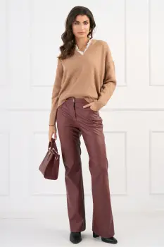 Pantaloni DY Fashion din piele ecologica burgundy evazati imagine