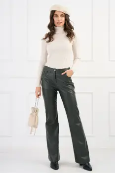 Pantaloni DY Fashion din piele ecologica kaki evazati imagine