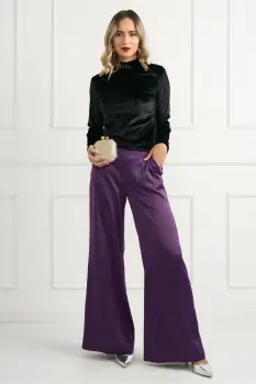Pantaloni DY Fashion eleganti din satin mov cu croi evazat imagine