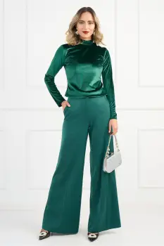 Pantaloni DY Fashion eleganti din satin verzi cu croi evazat imagine