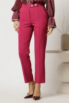 Pantaloni DY Fashion fucsia conici din stofa cu nasturi eleganti imagine