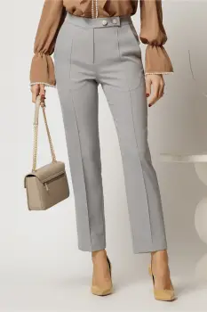 Pantaloni DY Fashion gri conici din stofa cu nasturi eleganti imagine