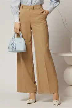 Pantaloni DY Fashion lungi bej din stofa si croi lejer imagine