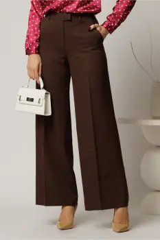 Pantaloni DY Fashion lungi maro din stofa si croi lejer imagine