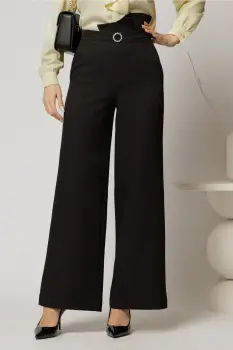 Pantaloni DY Fashion negri cu croi evazat si catarama in talie imagine