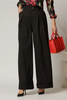 Pantaloni DY Fashion negri cu croi lejer si talie lata imagine