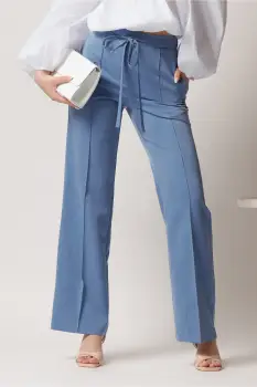 Pantaloni DY Fashion office din denim bleu cu snur in talie imagine