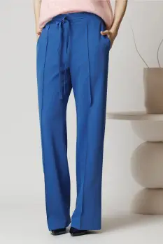 Pantaloni DY Fashion office din stofa albastri cu snur in talie imagine