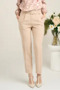 Pantaloni DY Fashion office din stofa bej cu buzunare si curea in talie imagine