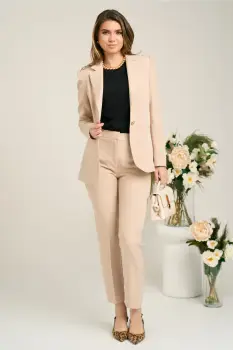 Pantaloni DY Fashion office din stofa bej cu dunga imagine