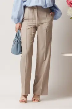 Pantaloni DY Fashion office din stofa bej cu snur in talie imagine