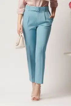 Pantaloni DY Fashion office din stofa bleu cu buzunare si curea in talie imagine