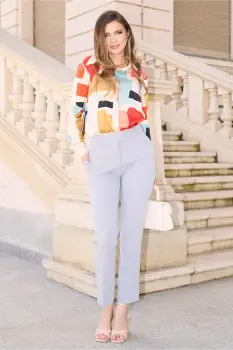 Pantaloni DY Fashion office din stofa gri cu buzunare imagine