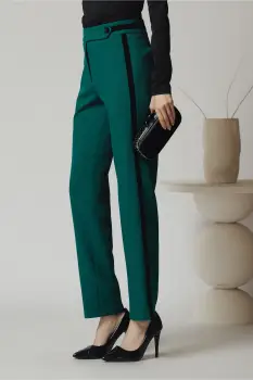 Pantaloni DY Fashion office din stofa verzi cu vipusca din catifea imagine