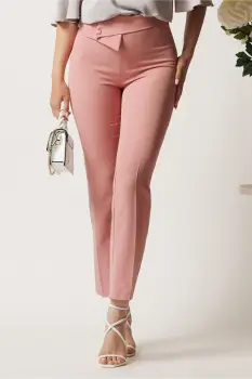 Pantaloni DY Fashion roz din stofa conici cu talie inalta si betelie petrecuta imagine