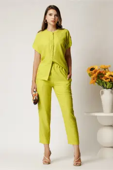Pantaloni DY Fashion verde lime din material vaporos cu elastic in talie si buzunare imagine