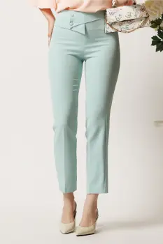 Pantaloni DY Fashion verde mint din stofa conici cu talie inalta si betelie petrecuta imagine