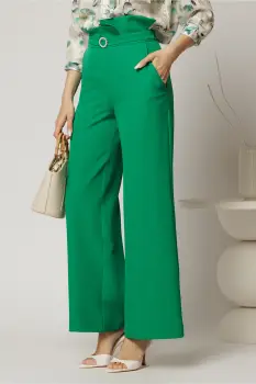 Pantaloni DY Fashion verzi cu croi evazat si catarama in talie imagine