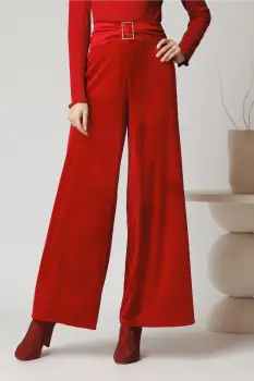 Pantaloni eleganti din catifea rosii cu catarama in talie imagine