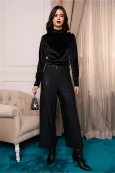 Pantaloni eleganti din crep negri cu paiete imagine