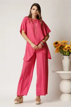 Pantaloni fucsia din rayon cu croi lejer si elastic in talie imagine