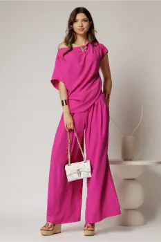 Pantaloni fucsia din triplu voal cu pliuri si croi lejer imagine