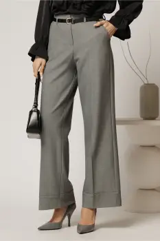 Pantaloni gri din stofa cu croi larg si curea in talie imagine