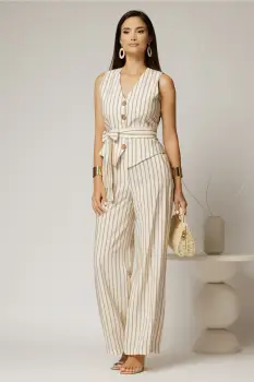Pantaloni ivoar cu dungi din rayon cu croi lejer si cordon in talie imagine