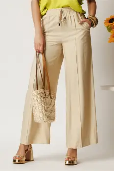 Pantaloni ivory din rayon cu croi lejer si elastic in talie imagine