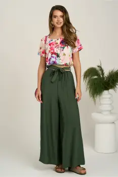 Pantaloni kaki evazati din viscoza cu elastic si cordon in talie imagine