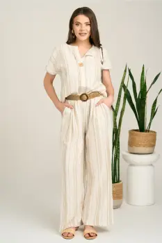 Pantaloni lejeri ivory cu dungi bej si curea in talie imagine