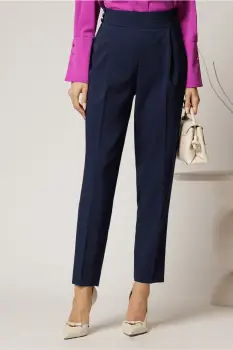 Pantaloni lungi bleumarin croi conic si nasturi pe talie imagine