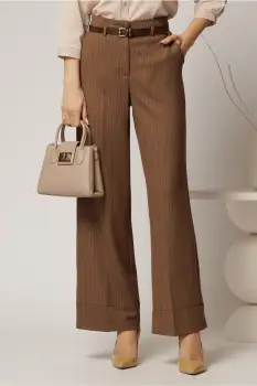 Pantaloni maro cu dungi bordo din stofa cu croi larg si curea in talie imagine