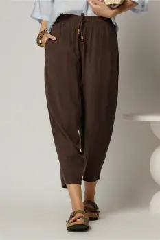 Pantaloni maro de zi din tencel cu snur si elastic pe talie imagine